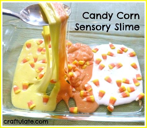 Candy Corn Sensory Slime - decorated with leftover candy corn! Kids Snack Ideas, Sensory Slime, Sensory Processing Activities, Halloween Theme Preschool, Pre-k Science, Preschool Sensory, Halloween Lesson, Sensory Tubs, Leftover Candy