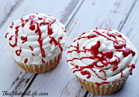 If you're looking for a Halloween themed cupcake, then look no further. These Blood Splattered Cupcakes are to die for! Halloween Cupcake Decorating Ideas, Halloween Cupcake Decorating, Halloween Cupcake Ideas, Clown Cupcakes, Brain Cupcakes, Halloween Cupcakes Decoration, Cupcake Decorating Ideas, Candy Corn Cupcakes, Witch Cupcakes