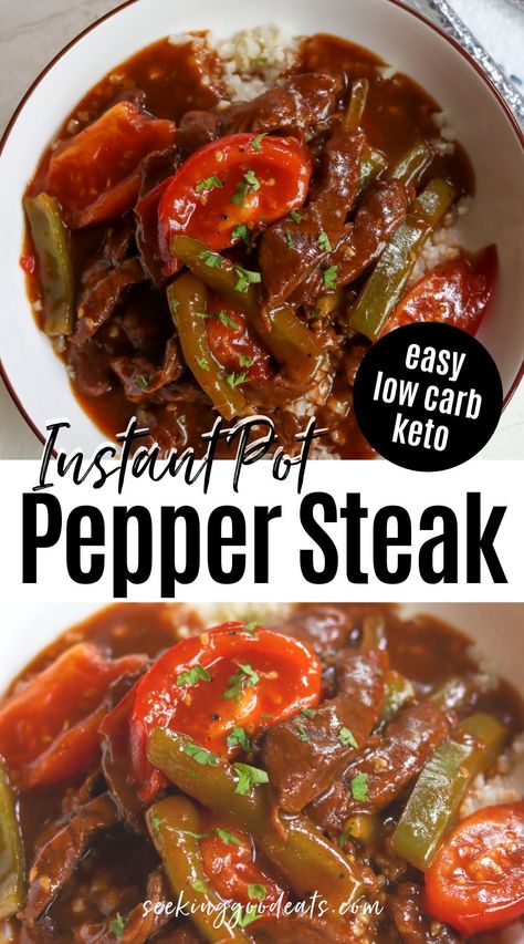 This easy Instant Pot Pepper Steak recipe is a delicious Chinese-style one pot dinner that's perfect for busy weeknights! It's loaded with flavor from the fresh peppers, garlic, tomatoes, seasonings, and steak. A delicious pressure cooker recipe just like Chinese pepper steak takeout - but homemade and better for you! This recipe is gluten free, low carb, and keto. Instant Pot Pepper Steak, Pepper Steak Recipe Easy, Peper Steak, Pressure Cooker Steak, Chinese Pepper Steak, Pepper Steak Recipe, Pressure Cooker Recipe, Easy Steak Recipes, Best Low Carb Recipes