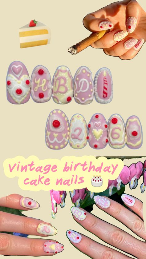 created a 3D vintage pink cake nail set for myself to celebrate turning 26 - inspired by vintage Lambeth heart shaped buttercream cakes - pink and yellow and white with maraschino cherries, of course! 💋🍒🌸🌟 my first time sculpting with nail clay and i am OBSESSED❕ Cake Nails, Vintage Birthday Cake, Vintage Birthday Cakes, Maraschino Cherries, Buttercream Cakes, Nail Design Inspiration, 3d Cake, Maraschino Cherry, Vintage Birthday