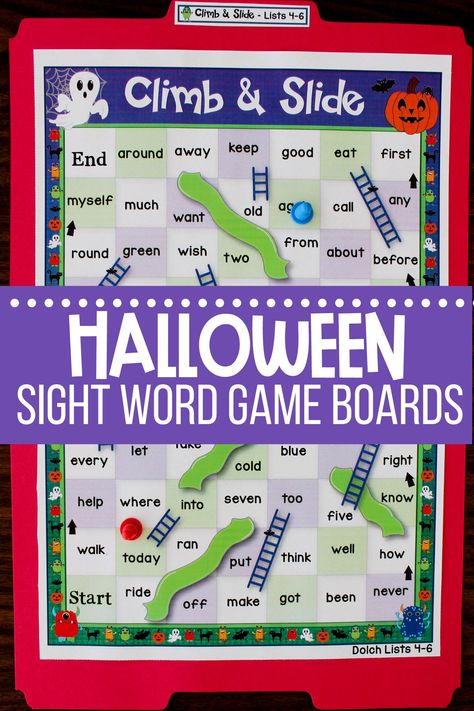 These interactive sight word games are perfect for first grade or second grade Halloween centers! Students love learning and practicing the Dolch sight words with these Halloween sight word games! Halloween Sight Word Games, Activities For Halloween, Chutes And Ladders, Halloween Centers, Teaching Sight Words, First Grade Sight Words, Dolch Sight Words, Love Learning, Sight Word Activities