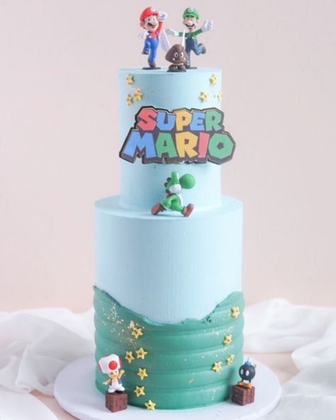 Super Mario Buttercream Cake, Birthday Sleepover Ideas, Super Mario Cake, Birthday Sleepover, Mario Cake, Two Tier Cake, Sleepover Ideas, Character Cakes, Tier Cake