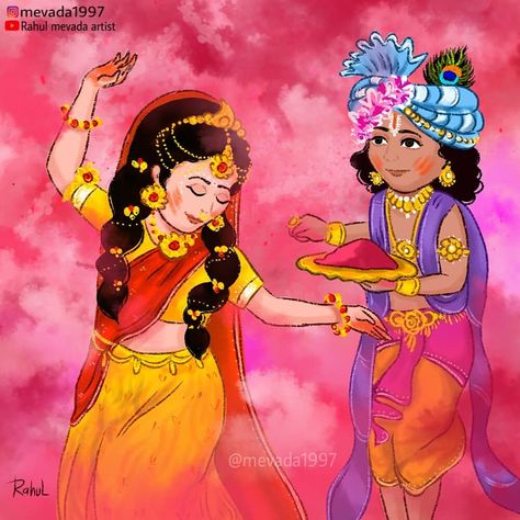 Radhakrishna Holi Images, Holi Drawing Ideas, Mythological Paintings, Holi Painting, Holi Drawing, God Illustration, Festival Pics, Om Gam Ganapataye Namaha, Cartoons Krishna