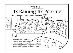 It's Raining, It's Pouring nursery rhyme lyrics. Find lots more at iChild.co.uk Pouring Activity, Letter R Activities, Its Raining Its Pouring, School Song, Nursery Rhymes Lyrics, Transition Songs, Nursery Rhymes Preschool, Children Songs, Nursery Rhymes Activities