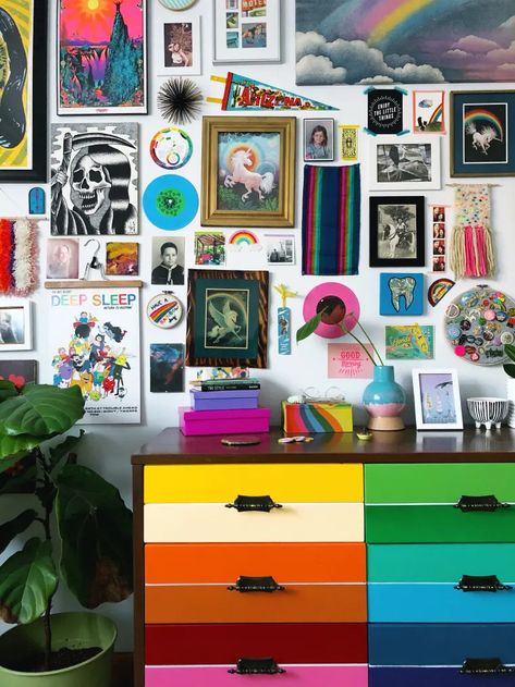 Rainbow Color Palette, Diy Marble, Rental Apartment, Painted Drawers, Rainbow Painting, Funky Home Decor, Maximalist Decor, Rainbow Art, Apartment Inspiration