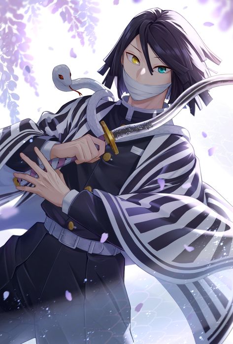 Safebooru - 1boy bandage on face bandages belt black hair black jacket black pants blue eyes commentary request cowboy shot eyebrows behind hair flower hair between eyes haori heterochromia holding holding sword holding weapon iguro obanai jacket japanese clothes kaburamaru kimetsu no yaiba long sleeves looking at viewer nayu (mcpt8738) pants partial commentary short hair snake standing sword weapon white belt white snake wisteria yellow eyes | 3816488 Obanai Wallpaper, Fan Art Anime, Hxh Characters, Digital Experience, Wallpaper Trends, Computer Setup, Wallpaper Art, Wallpaper Designs, Fanarts Anime