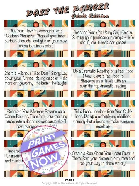 25 of the Best Pass the Parcel Tasks and Dares — Print Games Now Bbq Party Games, Luau Games, Spring Party Games, Camping Party Games, Adult Halloween Party Games, Winter Party Games, Bachelor Party Games, Movie Trivia Games, Pirate Party Games