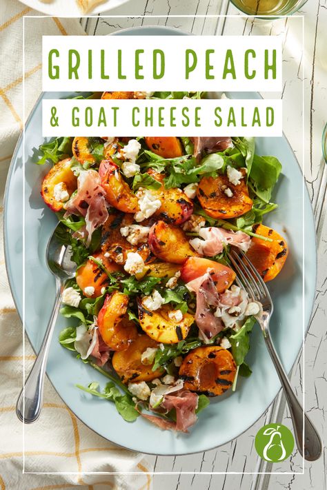 This quick-to-make summer salad recipe combines the sweet flavors of peaches and apricots with tangy goat cheese and salty prosciutto. It’s simple, easy and sensational on sunny days! Peaches And Goat Cheese, Peach And Prosciutto Salad, Peach And Goat Cheese Salad, Peach And Goat Cheese, Peach Goat Cheese, Prosciutto And Goat Cheese, Affordable Healthy Meals, Apricot Salad, Grilled Peaches Recipe