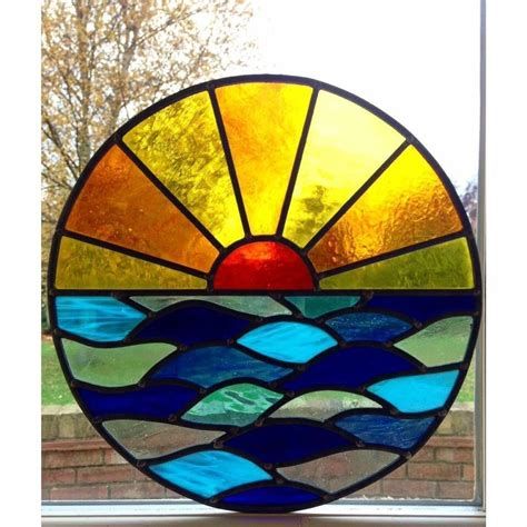 stained glass sun - Ecosia - Beeld Circle Window, Sunset Over The Ocean, Window Stained, Ocean Sand, Round Window, Painted Glass Art, Art Optical, Room Window, Stained Glass Lamps