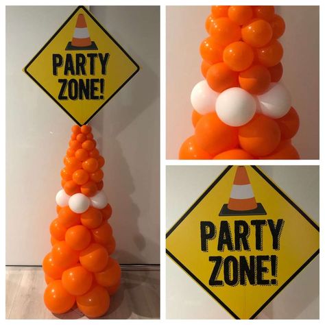 Wyatt’s Construction Party | CatchMyParty.com Construction Cone Balloon, Construction Theme Balloon Decor, Construction Birthday Balloon Arch, Construction Party Diy, Electrician Birthday Party Ideas, Construction Birthday Balloons, Construction Birthday Party Balloons, Tool Birthday Party Ideas Kids, Construction Theme Birthday Party Games