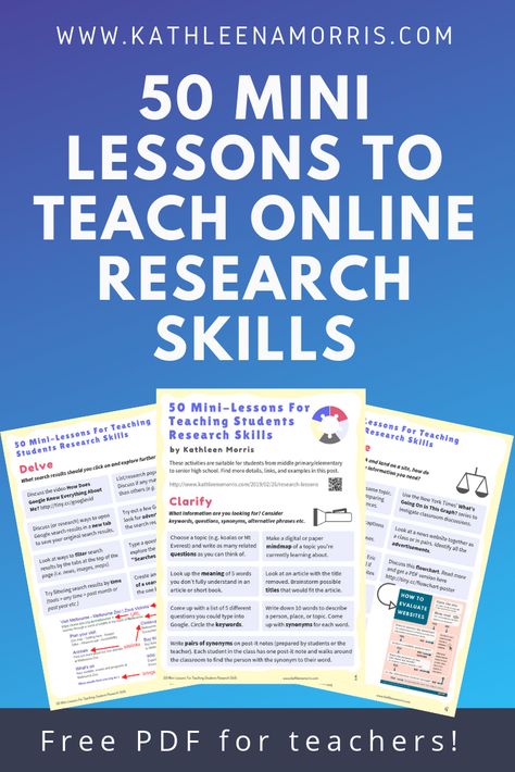 Learn how to teach research skills to primary students, middle school students, or high school students. Click through for a free PDF with 50 activities that could be done in just a few minutes a day. #GoogleTips #ResearchSkills #Teachers #Students #LessonPlans #Librarians Middle School Research Projects, Teaching Research Skills, Ap Capstone Research, Learning Strategies Middle School, Computer Lessons For Middle School, Middle School Technology Lessons, High School Research Projects, Teaching Research Skills High School, Literacy Strategies Middle School