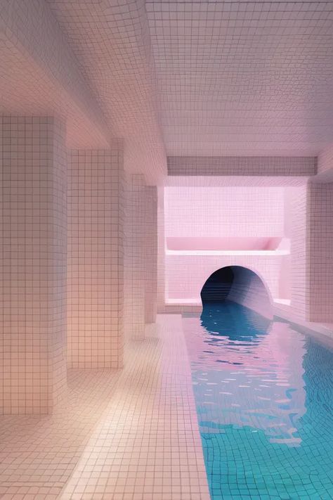 The image is a long, narrow swimming pool with pink tiled walls and a blue water surface. The pool is surrounded by white tiled walls and a white tiled ceiling. There is a dark tunnel at the end of the pool. Narrow Swimming Pool, Tiled Ceiling, Dark Tunnel, Water Surface, Pink Tiles, White Tiles, Image Generator, Blue Water, Stables