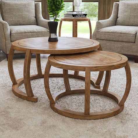 With our Set of 2 Rustic Teak Wood Round Nesting Coffee Tables, you can furnish your home with style and multipurpose function. Serving as a place to rest your drink, set out a charcuterie spread, or perch a pile of travel books, a coffee table is a must-have for any sitting room or gathering space. Great for everyday living and hosting, this coffee table set provides extra surfaces with a versatile design that allows the smaller table to nest inside the larger coffee table should you require mo Round Coffee Table Wood Modern, Wood Nesting Tables Living Room, Wooden Nesting Tables Living Room, Round Centre Table Living Rooms, Round Table For Living Room, Sitting Room Table Ideas, Centre Table Living Room Wooden, Nesting Coffee Tables Living Room, Lounge Table Design