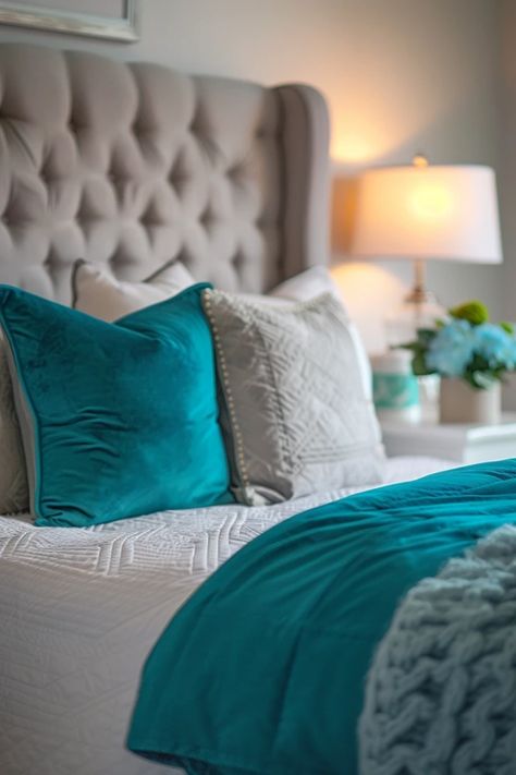 Explore beautiful grey and turquoise bedroom ideas designed for modern aesthetics. This pin features elegant tips with one enticing image to inspire your room makeover. Grey And Turquoise Bedroom, Teal Aesthetic Bedroom, Teal And White Bedroom Ideas, Turquoise Bedroom Ideas For Adults, Gray And Turquoise Bedroom, Teal And White Bedroom, Turquoise Bedroom Ideas, Aqua Bedroom, Aqua Bedrooms