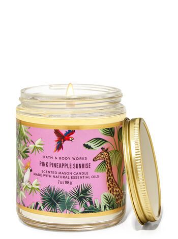 Pink Pineapple Sunrise Mason Single Wick Candle | Bath & Body Works Pink Pineapple Sunrise, Bath Body Works Candles, Pink Pineapple, Bath Candles, Pink Candles, Best Fragrances, Small Candles, Wick Candle, Fragrance Wax