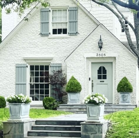 White House Blue Trim, White And Green House, 80s House Exterior, White Cottage Exterior, Stucco House Colors, Stucco House, 80s House, Shutter Colors, Dallas House