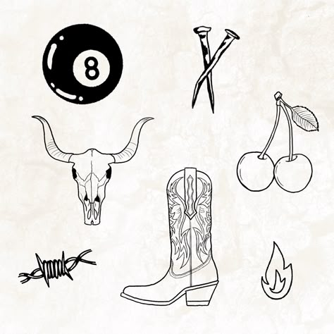 8 ball, nails, cow skull, cherries, barbwire, cowboy boot & flame small flash tattoo designs, ig: sianytattoos Aztec Flash Tattoo, Skull Cow Tattoo, Cowboy Minimalist Tattoo, Finger Tattoo Designs Ideas, Classy Western Tattoos, Fine Line Cow Skull Tattoo, Cowboy Flash Art, Small Barbwire Tattoo, Bill Skull Tattoo