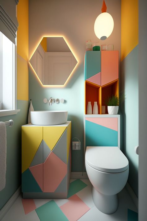 Tub Ideas Bathroom, Crazy Bathroom Ideas, Bathroom Wall Tiles Ideas, Light Bathroom Ideas, Bathroom Ideas Light, Bright Color Bathroom, Communal Bathroom, Funky Bathrooms, Bathroom Floating Shelves