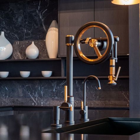 Kitchens... The Endeavor Wheel Pulldown Faucet raises the bar to legendary levels and is a salute to America’s love for motorcycles and muscle car.… #kitchens #pulldownfaucet Kitchen Sink Faucets Farmhouse, Waterstone Kitchen Faucet, Kitchen Sink And Faucet, Gold Kitchen Sink, Sink Faucet Kitchen, Sink And Faucet, Custom Sinks, Farmhouse Kitchen Sink, Faucet Kitchen