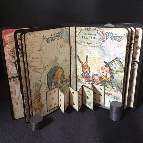 Alice In Wonderland Altered Book, Pop Out Journal Page, Alice In Wonderland Notebook, Pop Up Journal Page, Pop Up Pages Diy, Alice In Wonderland Sketchbook, Pop Up Sketchbook Page, Alice In Wonderland Junk Journal Ideas, Disney Junk Journal Ideas