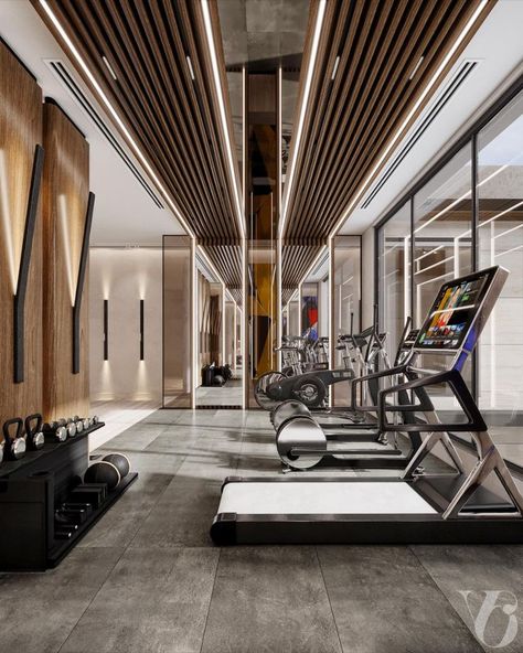 This projects by Võlu Studios are so gorgeous. We love all the details, the colors, and the gold appointments. What do you think? Small Gym Design Interior, Modern Home Gym Design, Modern Home Gym, Gym Design Interior, Luxury Gym, Small Bedroom Layout, Hotel Lobby Design, Luxury Hospitality, Desain Pantry