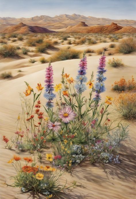 Desert Wildflower Mirage Check more: https://paintlyx.com/desert-wildflower-mirage/ Desert Wildflowers, Desert Mirage, Wild Flowers, Art Ideas, Quick Saves, Art