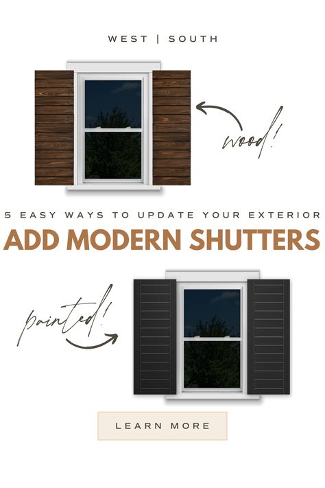 Simple, easy & affordable ways to help the exterior of your house feel new - without a renovation! Modern Shutters Exterior, White House Brown Roof, House Without Shutters, Tan House Exterior, Modern Shutters, Exterior Updates, Tan House, Home Updates, Black Shutters