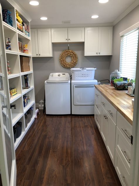 Washer Dryer Pantry Combo, Washer Dryer In Pantry, Laundry Room Pantry Mudroom Combo, Mudroom Laundry Room Pantry, Walk In Pantry With Laundry Room, Large Pantry Laundry Room Combo, Butlers Pantry And Laundry Room, Pantry / Laundry Room Ideas, Basement Laundry Room And Pantry