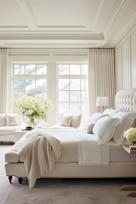 Bedroom Decor Ideas| Bedroom Decor Ideas for Women Master Bedrooms Hamptons, Neutral Southern Bedroom, Master Bedrooms All White, Luxury Bedroom Master High Ceilings, Vaulted Ceiling Bedrooms, The White Company Bedroom, Primary Bedroom With Sitting Area, Master Bedrooms White, Trey Ceiling Bedroom Master Suite