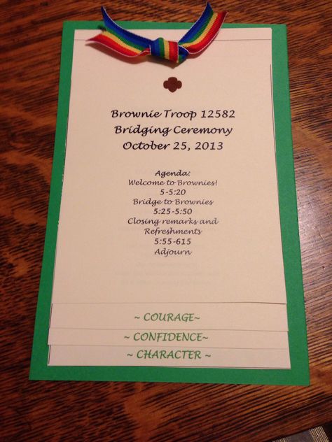 Brownie Bridging Ceremony Stacked program  Each page with Girl Scout mission: Courage Confidence Character Brownie Bridging Ceremony, Girl Scout Bridging Ceremony, Bridging Ceremony, Girl Scout Bridging, Girl Scout Troop Leader, Girl Scouts Brownies, Brownie Scouts, Brownie Girl Scout, Girl Scout Daisy