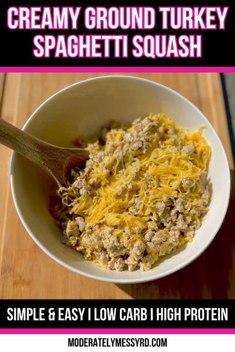 This is a very simple creamy ground turkey spaghetti squash recipe. Packed with flavor yet just a few ingredients. It's low carb, high protein with a creamy, spicy sauce. Less than 300 calories per serving - so you could potentially eat a very large bowl of it! If spaghetti squash seems daunting to you, give this recipe a try. The strands are cooked perfectly al dente - no mushiness. Spaghetti Squash High Protein, Low Calorie Spaghetti Squash Recipes, High Protein Spaghetti Squash Recipes, Ground Turkey Spaghetti Squash, Turkey Spaghetti Squash, Low Calorie Spaghetti, Making Spaghetti Squash, Ground Turkey Spaghetti, Turkey Spaghetti