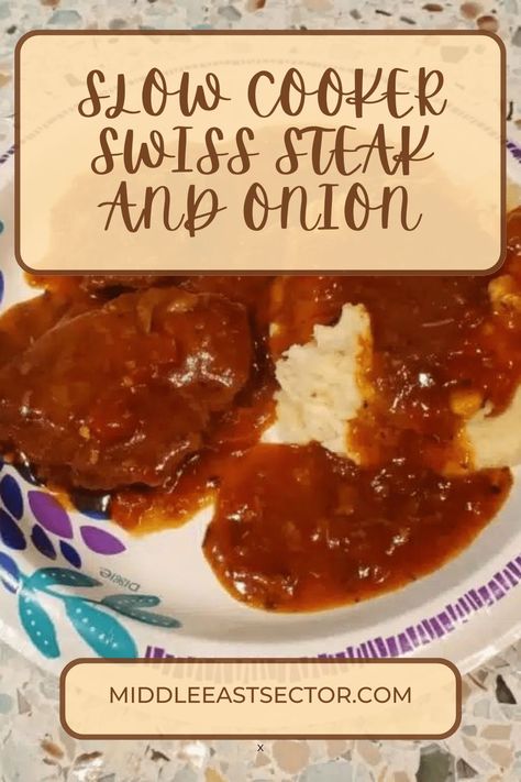 Crockpot Swiss steak is one of those rich, hearty, meaty dinner recipes that has stood the test of time!Tender beef steaks are cooked in a rich tomato brown gravy with veggies. This recipe is perfect over mashed potatoes or egg noodles! Swissed’ means to roll or pound the meat, tenderizing it so it cooks up Swiss Steaks, Crockpot Swiss Steak, Swiss Steak Crockpot, Slow Cooker Swiss Steak, Swiss Steak Recipes, Beef Entrees, Steak And Onions, Beef Steaks, Over Mashed Potatoes