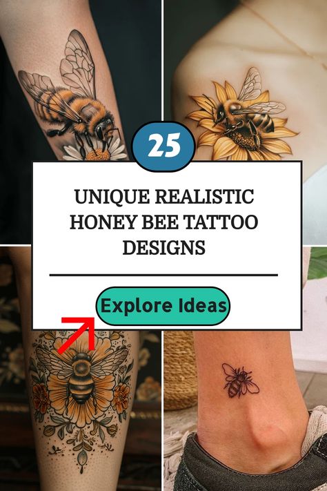 Collage of four unique, realistic honey bee tattoo designs on different body parts. Honey Bee Tattoo For Men, Small Queen Bee Tattoo, Bee And Flower Tattoo Ideas, Queen Bee Tattoo Ideas, Honey Bee Tattoos, Honey Bee Tattoo Ideas, Honey Pot Tattoo, Hive Tattoo, Honeybee Tattoo