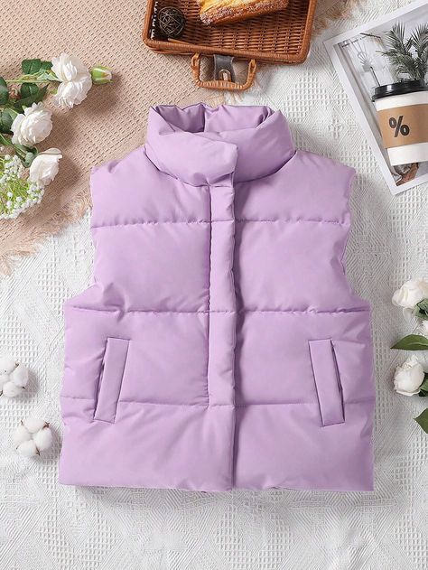 Tween Girl 1pc Zipper Vest Puffer Coat | SHEIN USA Plain Vest, Chaleco Casual, Zipper Vest, Collar Vest, Coat Winter, Vest Coat, Puffer Coat, Summer Wardrobe, Stand Collar