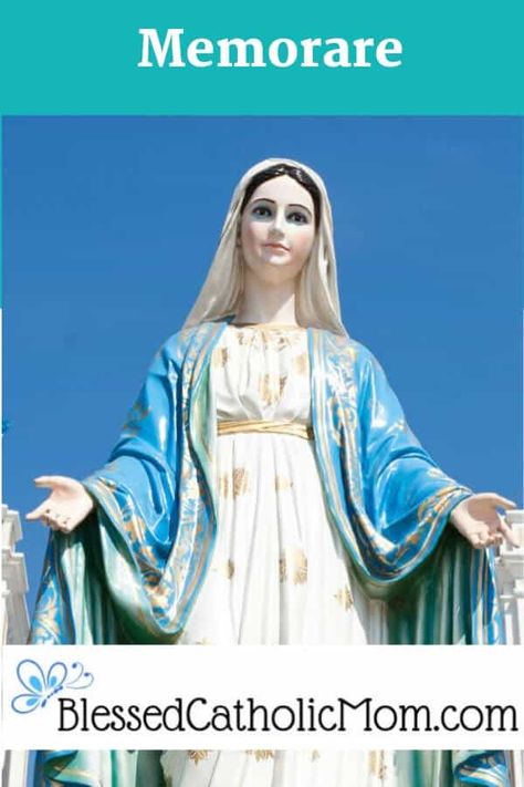 Image of a statue of the Blessed Virgin Mary with her hands outstretched. It is outside with a blue sky background. Memorare Prayer, The Memorare, Catholic Doctrine, Kindergarten Reading Activities, Christian History, The Blessed Virgin Mary, Catholic Women, Faith Walk, Catholic Family