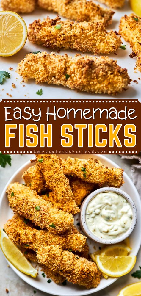 Out of party food ideas? These Homemade Fish Sticks are healthy, easy to make, and taste much better than store-bought! This baked fish sticks recipe makes a delicious yet easy appetizer recipe! Air Fryer Fish Sticks Homemade, How To Make Fish Sticks, Salmon Sticks Recipes, Baked Fish Sticks, Easy Fish Appetizers, Fish Stick Recipes Dinners, Canned Tuna Fish Sticks, Healthy Fish Sticks Recipes, Diy Fish Sticks