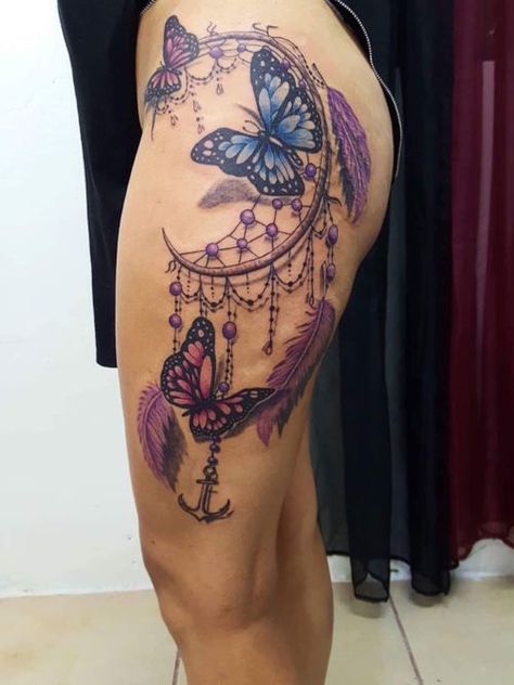 Dream Catcher Thigh Tattoo Women, Dream Catcher Tattoo Shoulder, Hip Tattoo Men, Dreamcatcher Tattoo Thigh, Breathtaking Tattoos, Womens Tattoos, Karina Garcia, Tattoo On Thigh, Tats Ideas