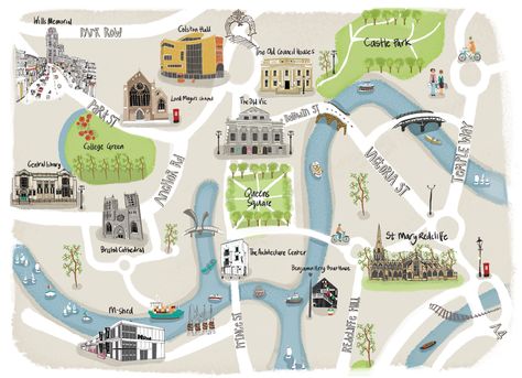 Bristol city centre illustrated map - by Naomi Skinner Bristol Map, Bristol City Centre, Map Inspiration, Village Map, Map Ideas, Illustrated Maps, Map Pictures, Hand Drawn Map, Bristol City