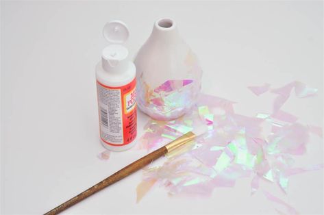 DIY Decoupage Iridescent Vases - Diy Iridescent Decor, How To Make Glass Iridescent, Iridescent Decor Party, Iridescent Glitter Print Craft Supplies For Party, Diy Crystal Crafts, Cheap Iridescent Sparkling Craft Supplies, Iridescent Vase, Iridescent Decor, Iridescent Party