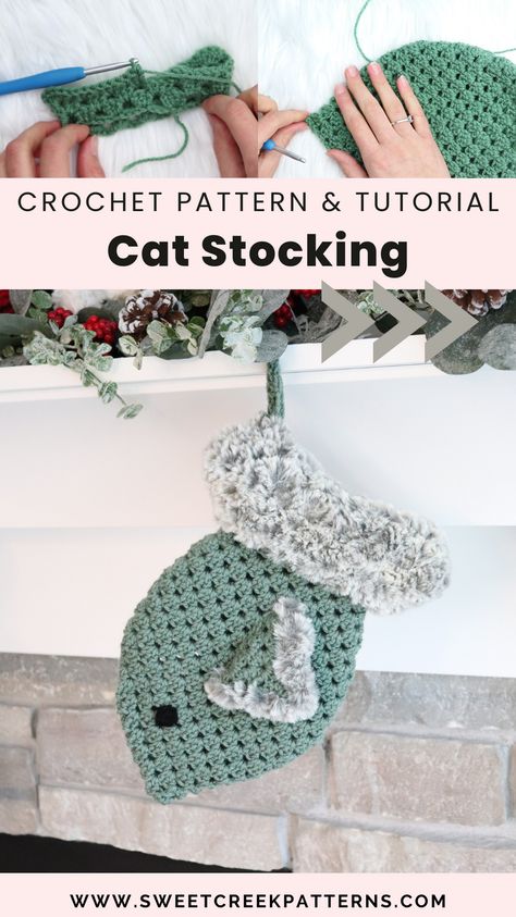 Introducing the Cat Granny Stitch Stocking Crochet Pattern! This cat crochet stocking is perfect for the little pawed friends in your family, and works up quick and easy. With its easy top-down construction, beginner-friendly granny stitch, and luxurious faux fur on the top of the stocking, you’ll enjoy crocheting the perfect cat Christmas stocking for your favorite pawed friends! Finished size= 12” H x 6” W across the middle Crochet Stocking For Dog, Crochet Christmas Stocking For Cat, Christmas Cat Crochet Pattern Free, Stocking Crochet Pattern Free Easy, Cat Stocking Pattern, Christmas Cat Crochet, Free Stocking Crochet Pattern, Free Christmas Stocking Crochet Patterns, Crochet Stockings Christmas Free Pattern