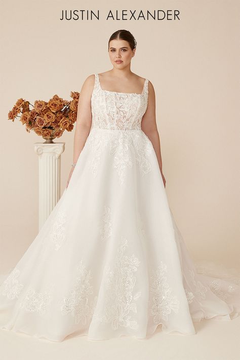 This statement organza wedding dress will accent your plus size shape. With an unlined bodice, the square front and back neckline is detailed with sexy exposed boning. Oversized embroidered and sequined floral appliqués kiss the bodice and A-line skirt. With a delicate all over shimmer, you'll be remembered in this enchanting dress. Square Neckline Plus Size Wedding Dress, Oversize Wedding Dress, Wedding Gowns For Midsize, Plus Size Elegant Wedding Dresses, Plus Size A Line Wedding Dress, Square Neck Plus Size Wedding Dress, Plus Size Square Neck Wedding Dress, A Line Wedding Dress Plus Size, Plus Size A Line Wedding Dresses