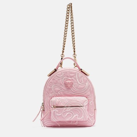 Versace Pink Embroidered Baroque Leather Mini Palazzo Backpack Versace Backpack, Versace Pink, Luxury Closet, A Style, Style Statement, Leather Mini, Shoulder Straps, Fashion Backpack, Designer Shoes