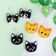 Cat Polymer Clay, Polymer Clay Painting, Polymer Clay Cat, Fondant Flower Tutorial, Black Cat Earrings, Kawaii Earrings, Ginger Cat, Little Cat, Ginger Cats