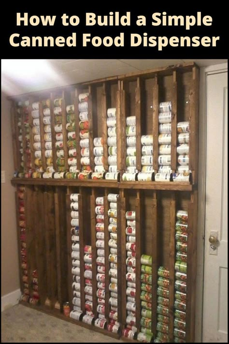 DIY Canned Food Dispenser: Transform cluttered shelves into organized bliss with this straightforward project! Diy Can Rack Food Storage, Canned Food Organization Diy, Bulk Can Storage, Vertical Can Storage, Diy Canned Food Organizer, Can Holder For Pantry Diy, Can Organization In Pantry Diy, Organize Cans In Pantry, Basement Food Storage Ideas