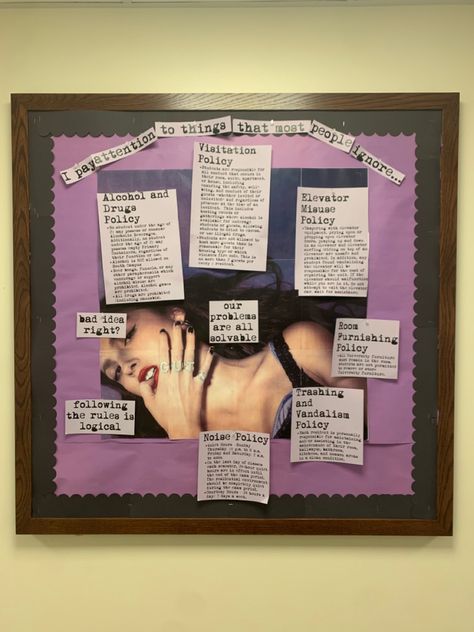 a bulletin board with a purple background and black border. the bulletin board has a picture of Olivia Rodrigo’s GUTS album, and text at the top stating “I pay attention to things most people ignore…”. The other text on the bulletin board is various policies from the poster’s university, and song lyrics from some of the album’s songs. Olivia Rodrigo Bulletin Board, Ra Bulletins, Ra Bulletin Boards, Residence Hall, Olivia Rodrigo, Bulletin Boards, Bulletin Board, The First