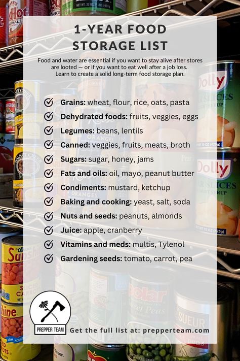 Food and water are essential to navigate emergencies, anything from a job loss to societal collapse. Learn how to create a solid long-term food stockpile plan. Download a 1-year food storage list pdf for reference. #emergencypreparedness #foodstorage #emergencyfood #foodstoragelist #foodstockpile 1 Year Emergency Food Supply List, 1 Year Food Storage List, Food Storage Checklist, Year Supply List Food Storage, Emergency Stockpile List, Long Term Food Storage List, Mylar Bag Food Storage List, How To Store Food Long Term, Food Stockpile Checklist