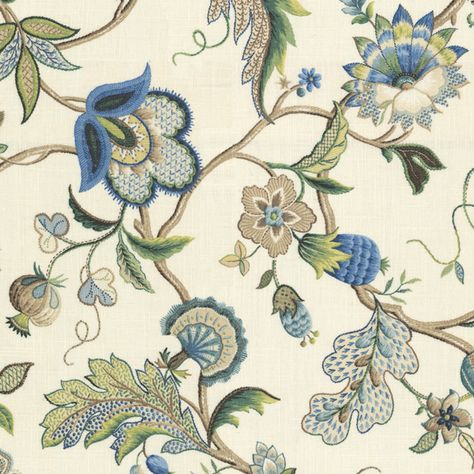 Fleur de Leaf - Royal:  This floral fabric has blue, green and tan flowers and vines on an ivory background. Bordado Jacobean, Jacobean Embroidery, Jacobean Floral, Floral Upholstery Fabric, Linen Drapery, Art Chinois, Floral Upholstery, Custom Shades, Art Japonais