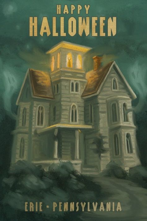 Erie, Pennsylvania - Haunted House - Halloween Oil Painting (Art Prints, Wood & Metal Signs, Canvas, Haunted House Painting, Halloween Wall Decor, Salem Massachusetts, Artwork For Living Room, Halloween Wall Art, Free Canvas, Hur Man Målar, Halloween Haunted Houses, Stock Art