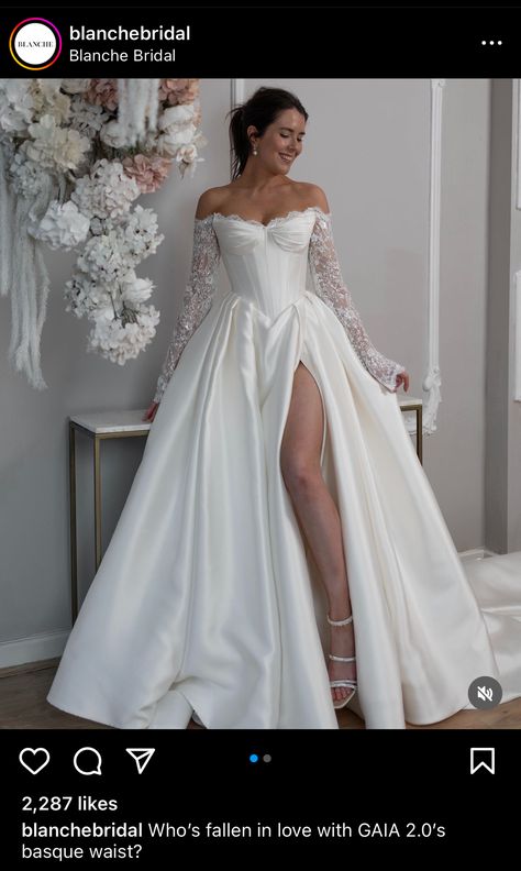 Dramaric Wedding Dress, Long Sleeved Off Shoulder Wedding Dress, Wedding Dress To Cover Tattoos, Wedding Dress With Detached Sleeves, Plus Size Wedding Dresses Elegant, Selkie Wedding Gown, Ballgown With Sleeves Wedding Dress, Bridal Dresses Off Shoulder, Wedding Dresses With A Long Train