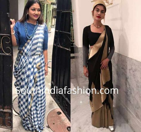 Meet Dolly Jain, Who'll Help You Drape A Saree In Several Offbeat Styles! Saree Drapping Style Modern, Saree Draping Styles Modern, Dolly Jain Saree Draping, Modern Saree Draping, Different Saree Draping Styles, Drape A Saree, Dolly Jain, Plain Kurti Designs, Plain Kurti